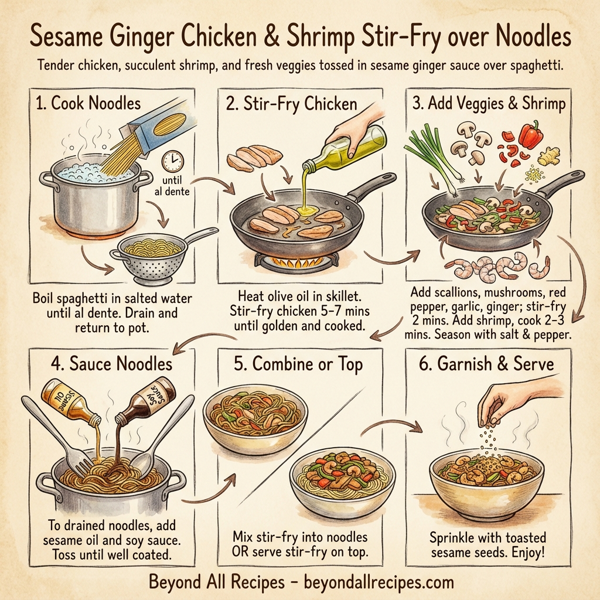 Sesame Ginger Chicken & Shrimp Stir-Fry over Noodles instructions