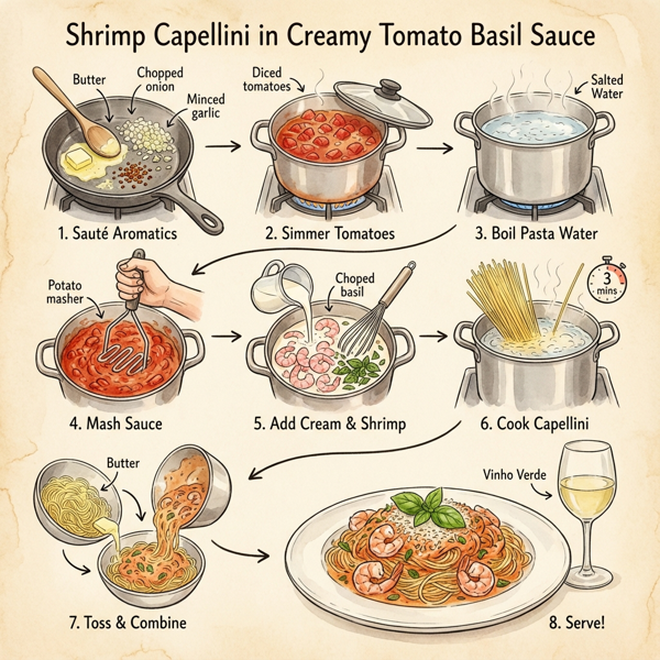 Shrimp Capellini in Creamy Tomato Basil Sauce instructions