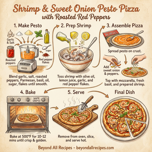 Shrimp & Sweet Onion Pesto Pizza with Roasted Red Peppers instructions