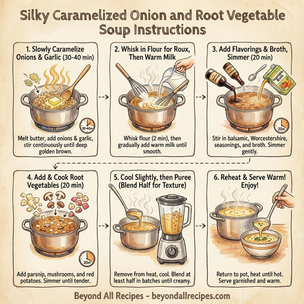 Silky Caramelized Onion and Root Vegetable Soup instructions