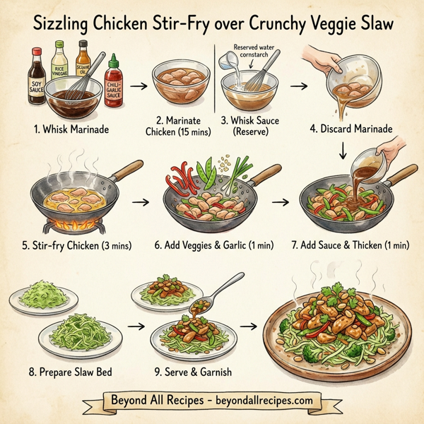 Sizzling Chicken Stir-Fry over Crunchy Veggie Slaw instructions