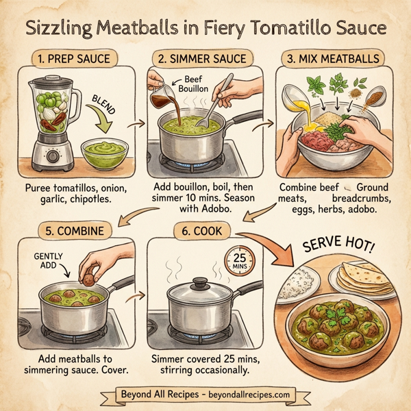 Sizzling Meatballs in Fiery Tomatillo Sauce instructions