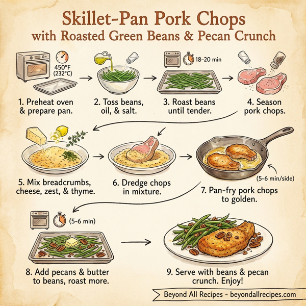 Skillet-Pan Pork Chops with Roasted Green Beans and Pecan Crunch instructions