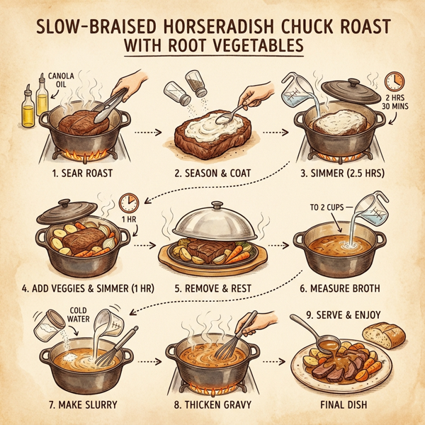 Slow-Braised Horseradish Chuck Roast with Root Vegetables instructions