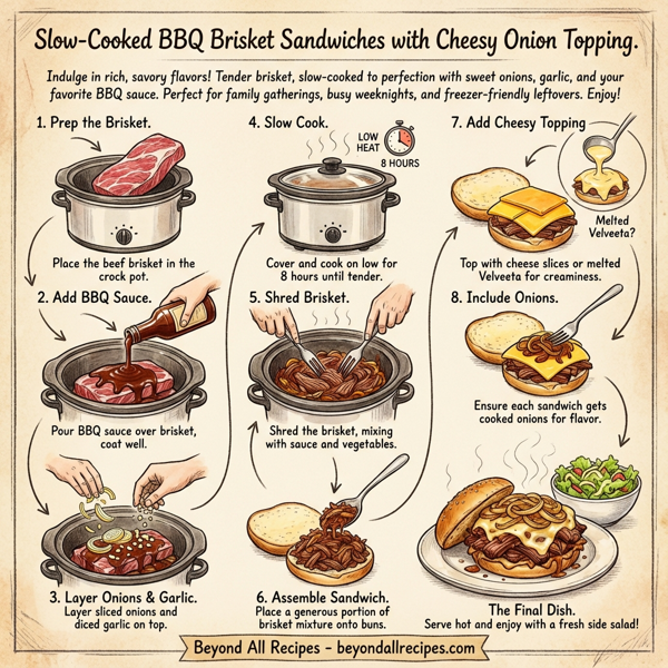 Slow-Cooked BBQ Brisket Sandwiches with Cheesy Onion Topping instructions