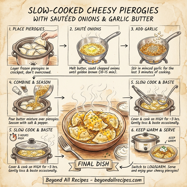 Slow-Cooked Cheesy Pierogies with Sautéed Onions and Garlic Butter instructions