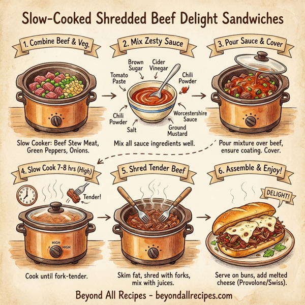 Slow-Cooked Shredded Beef Delight Sandwiches instructions