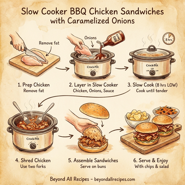 Slow Cooker BBQ Chicken Sandwiches with Caramelized Onions instructions