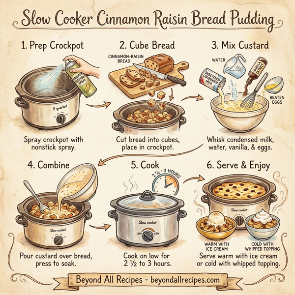 Slow Cooker Cinnamon Raisin Bread Pudding instructions
