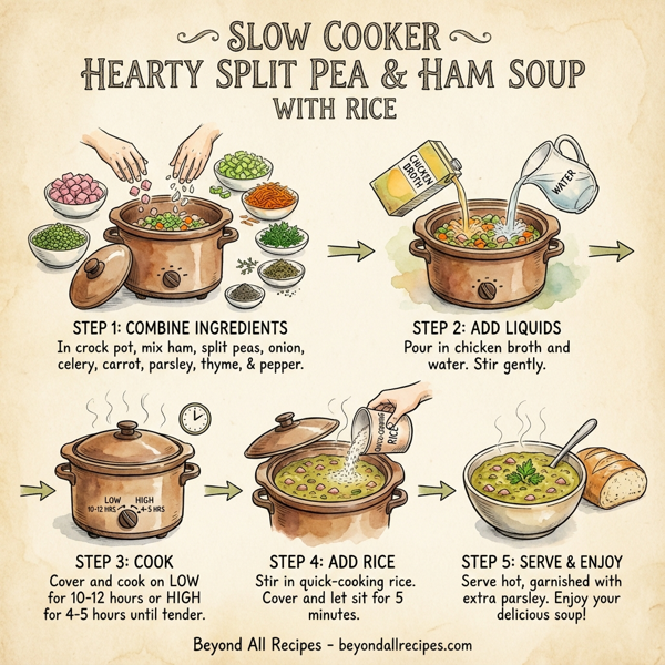 Slow Cooker Hearty Split Pea and Ham Soup with Rice instructions
