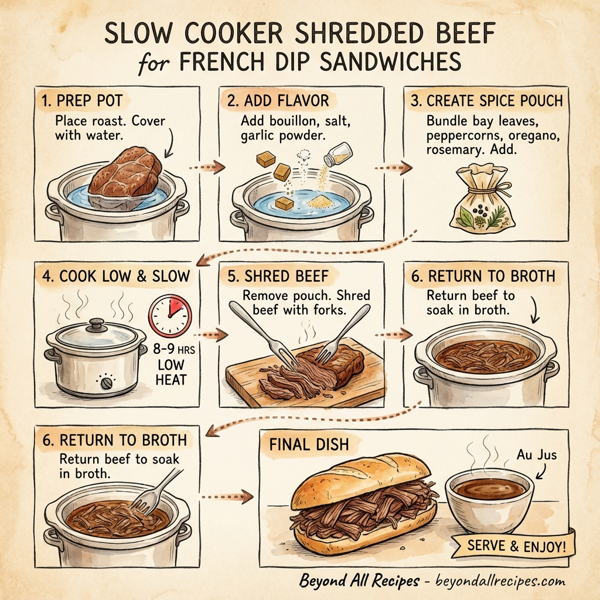 Slow Cooker Shredded Beef for French Dip Sandwiches instructions