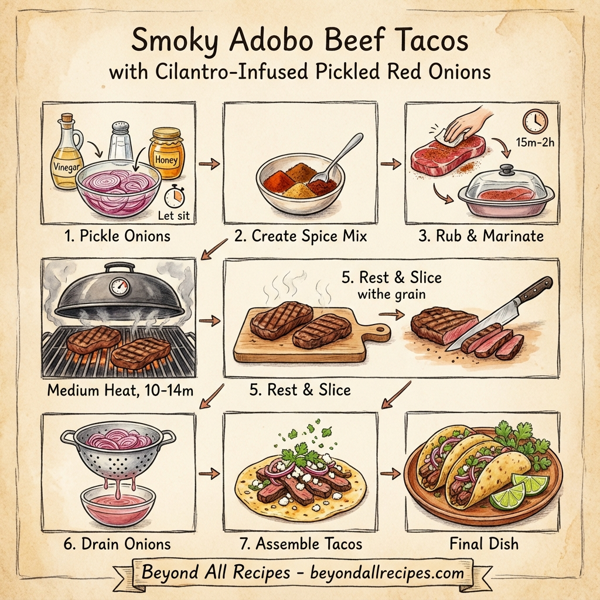 Smoky Adobo Beef Tacos with Cilantro-Infused Pickled Red Onions instructions