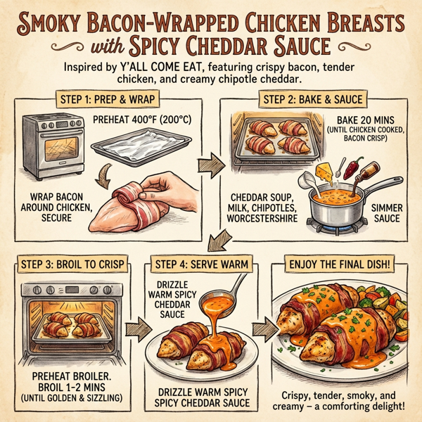 Smoky Bacon-Wrapped Chicken Breasts with Spicy Cheddar Sauce instructions