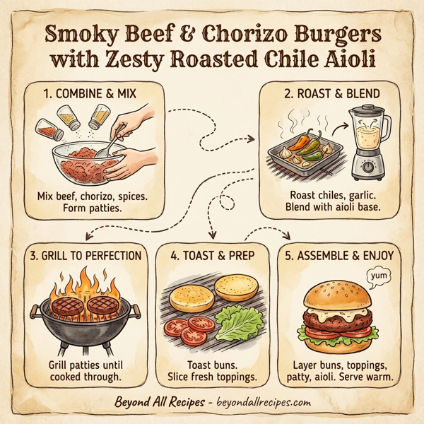 Smoky Beef and Chorizo Burgers with Zesty Roasted Chile Aioli instructions