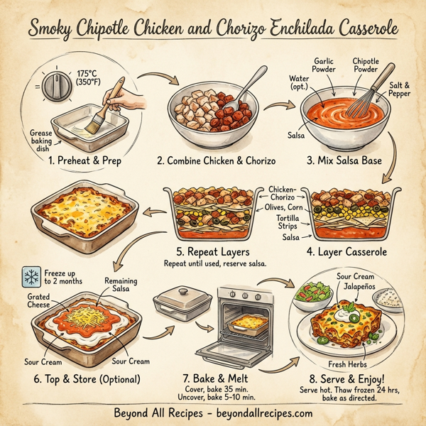 Smoky Chipotle Chicken and Chorizo Enchilada Casserole instructions