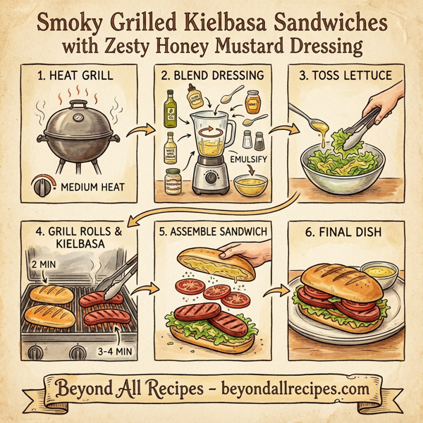 Smoky Grilled Kielbasa Sandwiches with Zesty Honey Mustard Dressing instructions
