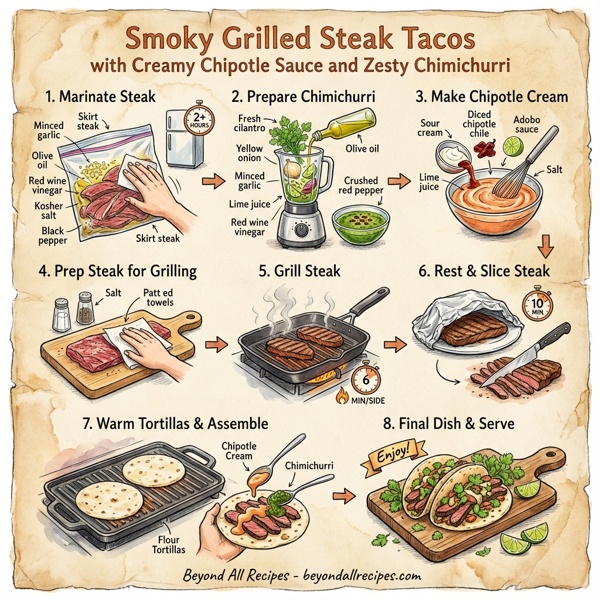 Smoky Grilled Steak Tacos with Creamy Chipotle Sauce and Zesty Chimichurri instructions