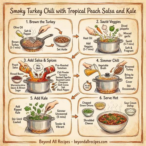 Smoky Turkey Chili with Tropical Peach Salsa and Kale instructions