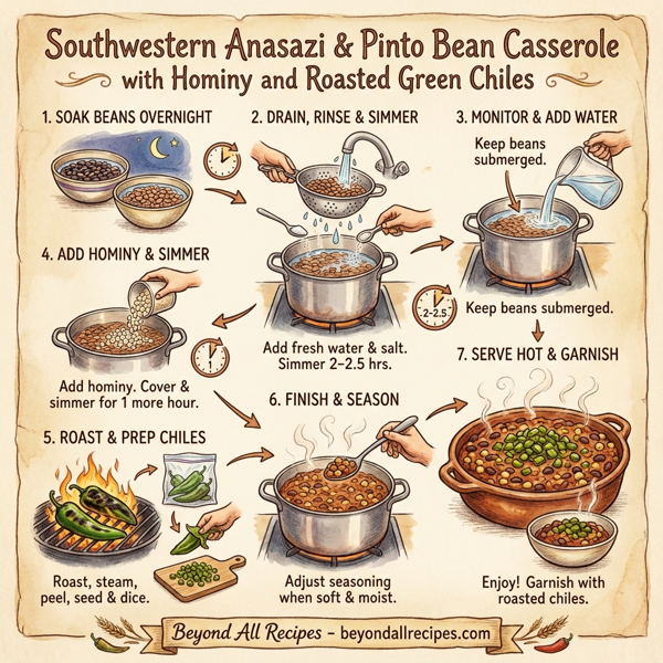 Southwestern Anasazi & Pinto Bean Casserole with Hominy and Roasted Green Chiles instructions