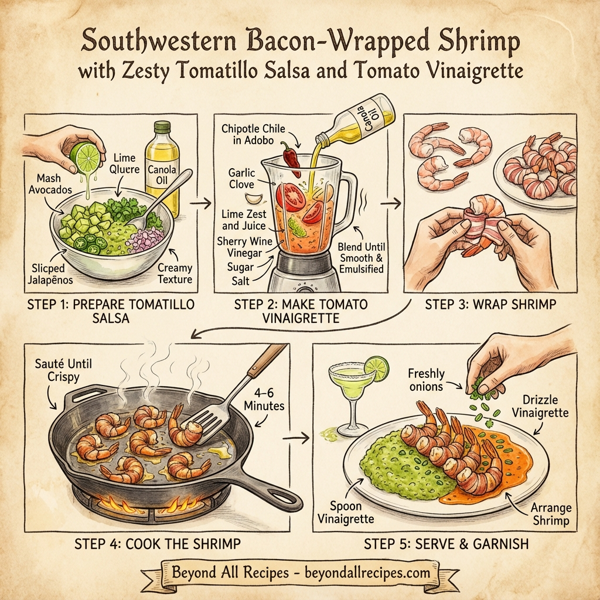 Southwestern Bacon-Wrapped Shrimp with Zesty Tomatillo Salsa and Tomato Vinaigrette instructions