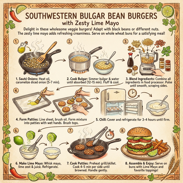 Southwestern Bulgar Bean Burgers with Zesty Lime Mayo instructions