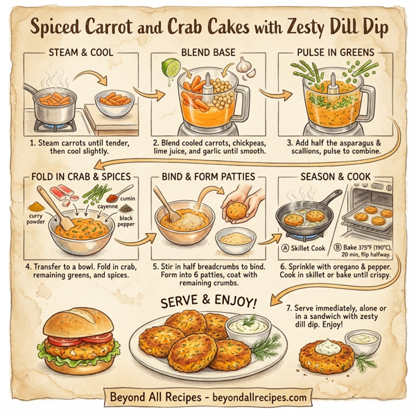 Spiced Carrot and Crab Cakes with Zesty Dill Dip instructions