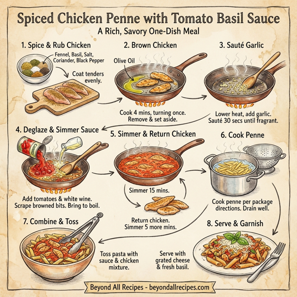 Spiced Chicken Penne with Tomato Basil Sauce instructions