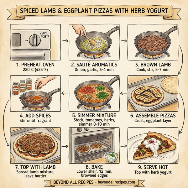 Spiced Lamb and Eggplant Pizzas with Herb Yogurt instructions