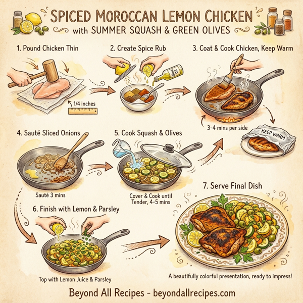 Spiced Moroccan Lemon Chicken with Summer Squash and Green Olives instructions