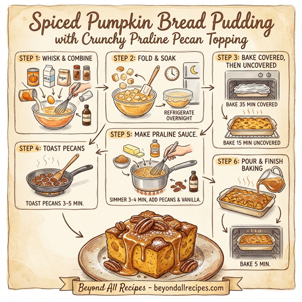 Spiced Pumpkin Bread Pudding with Crunchy Praline Pecan Topping instructions