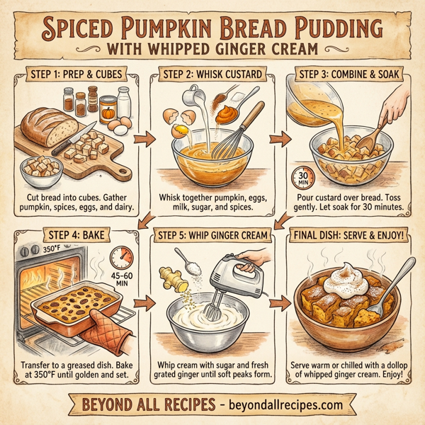 Spiced Pumpkin Bread Pudding with Whipped Ginger Cream instructions