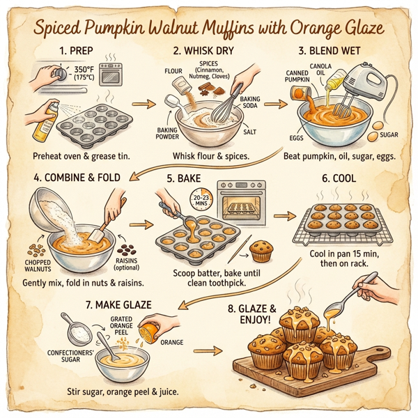 Spiced Pumpkin Walnut Muffins with Orange Glaze instructions
