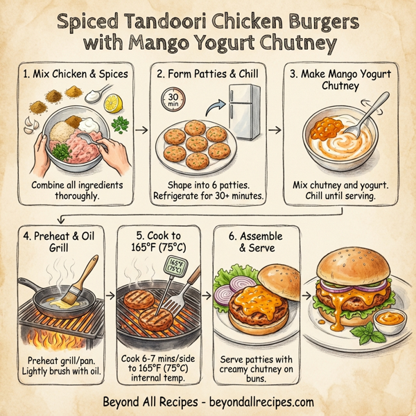 Spiced Tandoori Chicken Burgers with Mango Yogurt Chutney instructions