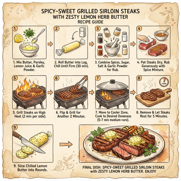 Spicy-Sweet Grilled Sirloin Steaks with Zesty Lemon Herb Butter instructions