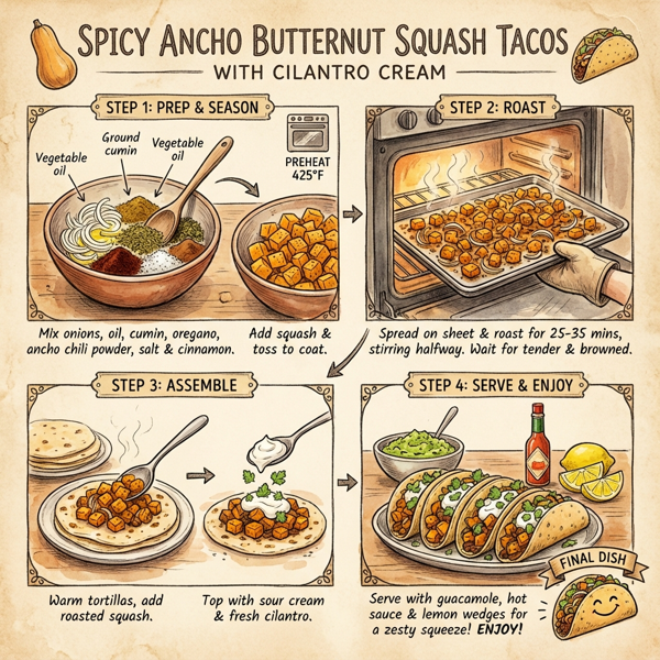 Spicy Ancho Butternut Squash Tacos with Cilantro Cream instructions