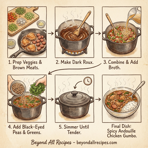 Spicy Andouille Chicken Gumbo with Black-Eyed Peas and Greens instructions
