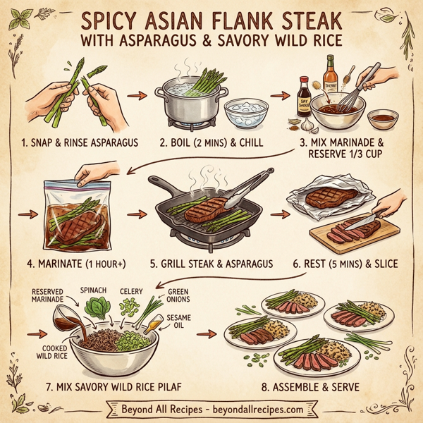 Spicy Asian Flank Steak with Asparagus & Savory Wild Rice instructions
