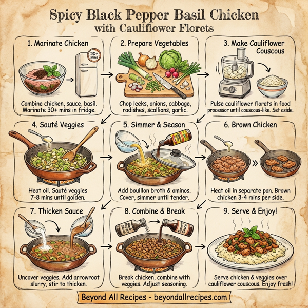 Spicy Black Pepper Basil Chicken with Cauliflower Florets instructions