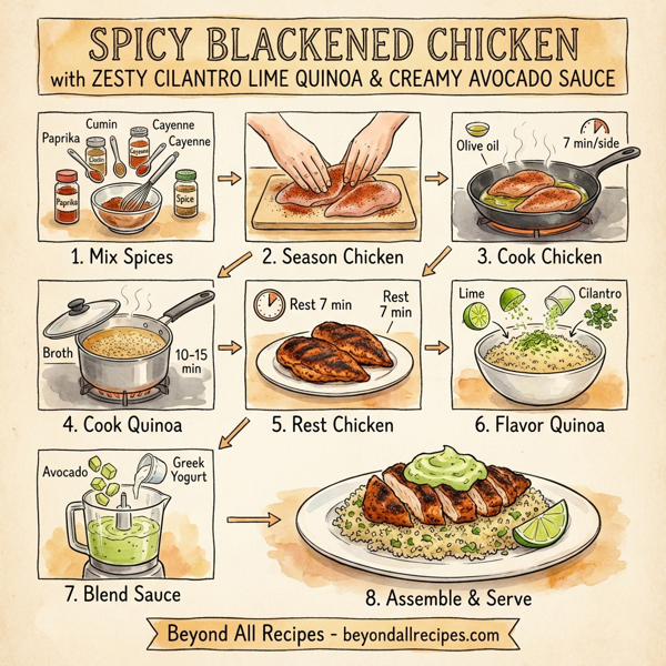 Spicy Blackened Chicken with Zesty Cilantro Lime Quinoa and Creamy Avocado Sauce instructions
