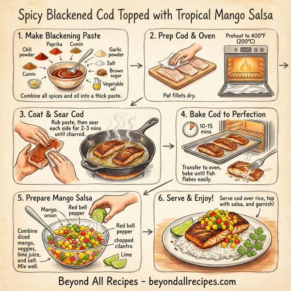Spicy Blackened Cod Topped with Tropical Mango Salsa instructions