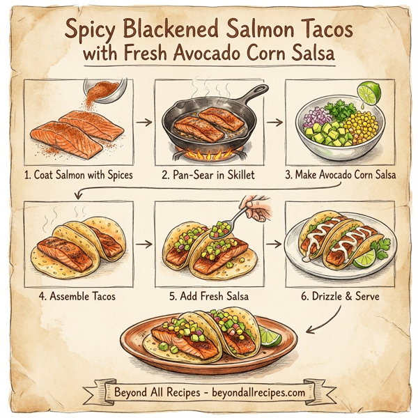 Spicy Blackened Salmon Tacos with Fresh Avocado Corn Salsa instructions