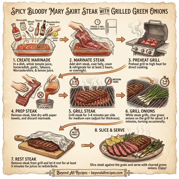 Spicy Bloody Mary Skirt Steak with Grilled Green Onions instructions