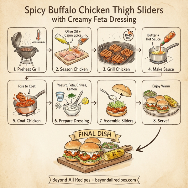 Spicy Buffalo Chicken Thigh Sliders with Creamy Feta Dressing instructions