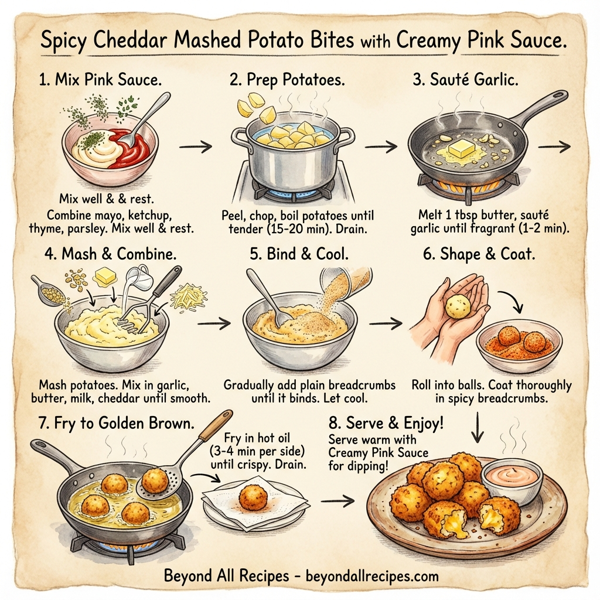 Spicy Cheddar Mashed Potato Bites with Creamy Pink Sauce instructions