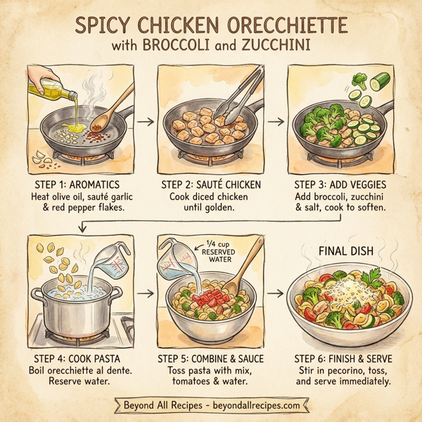 Spicy Chicken Orecchiette with Broccoli and Zucchini instructions