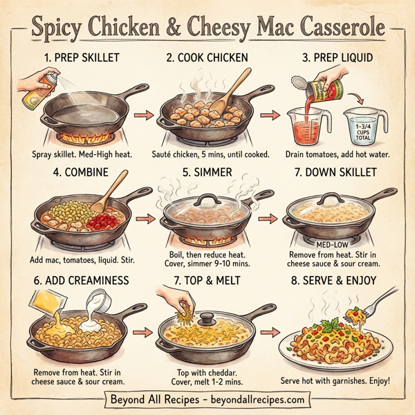 Spicy Chicken & Cheesy Mac Casserole instructions