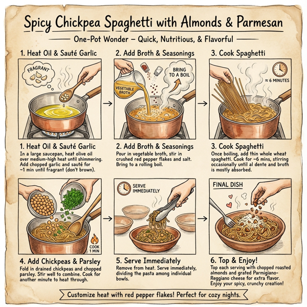 Spicy Chickpea Spaghetti with Almonds and Parmesan instructions