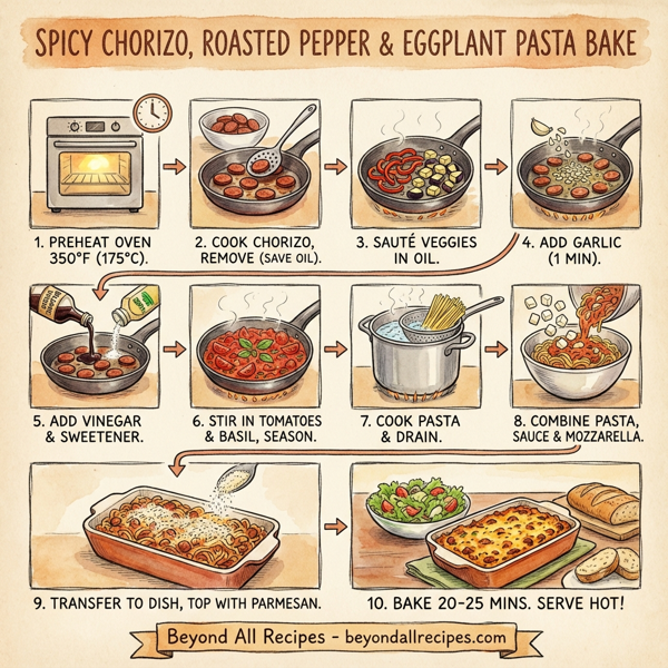Spicy Chorizo, Roasted Pepper & Eggplant Pasta Bake instructions