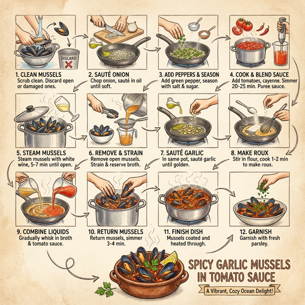 Spicy Garlic Mussels in Tomato Sauce instructions