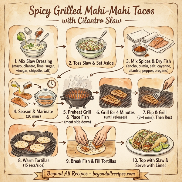 Spicy Grilled Mahi-Mahi Tacos with Cilantro Slaw instructions